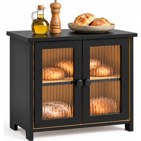 Relaxdays Bamboo Bread Bin, 2 Tiers, Viewing Windows, Hinged Doors, HWD: 34 x 36 x 22 cm, Bread Box, Black (1/5)