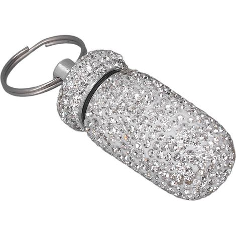 Boîte de rangement pour capsules ornée de strass avec porte-clés, en alliage d'aluminium blanc, pour flacons de médicaments portables. (1/5)
