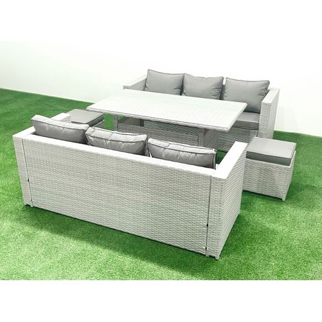 Fimous Rattan Garden Furniture Set 8 Seater Outdoor Sofa Set with Dining Table 2 Small Footstools Light Grey Mixed (1/5)