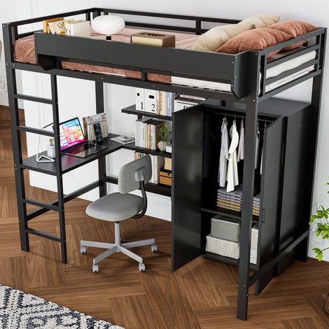 Letto a soppalco 90x200 in metallo, 1 posto, con scrivania, armadio e scala, letto singolo per bambini e adolescenti, con scaffali - Nero