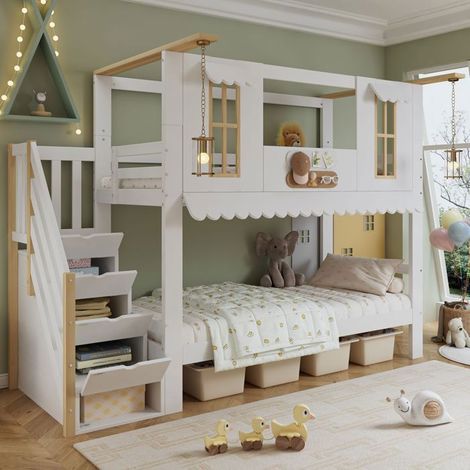Lit Superposé 90x200cm avec Escalier de Rangement - lit double - Enfant, Toit Ondulé, Fenêtre, Bois Massif, Blanc/Naturel