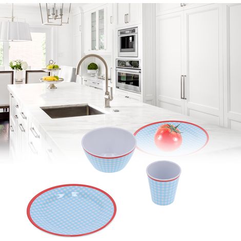 Ensemble de 12 pièces de vaisselle à carreaux bleu clair pour la maison, la cuisine et le restaurant. (1/5)