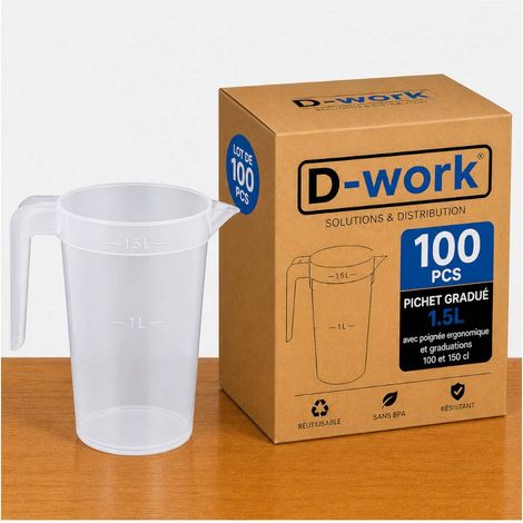 Pichet Gradué 1.5 L avec Poignée Ergonomique, Graduations 100, 150 cl, Réutilisable en PP sans BPA - Translucide - D-Work - 100