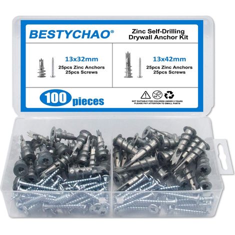 100pcs 2 tailles Ancrages pour cloisons sèches en zinc Ancres murales creuses auto-perceuses avec kit d'assortiment de vis (1/5)
