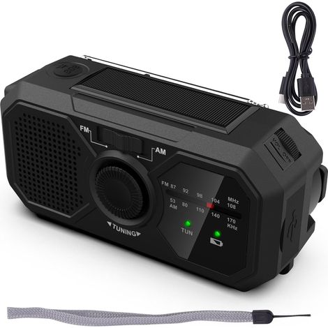 Radio portátil con linternas: radio solar con manivela, radio FM con carga móvil y linterna LED. (1/5)