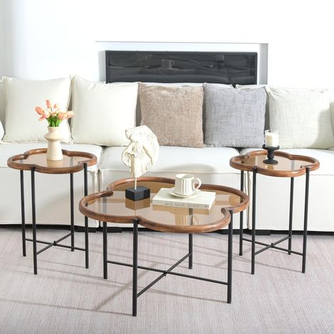 Lot de 3 Tables Basses,Tables gigognes pour Salon en Bois avec Bords Décoratifs,Tables d'Appoint avec Plateau en Verre Trempé,Tables Basses avec Pieds en Métal.Marron Ø80X80X45/ Ø55X45X45 (1/5)