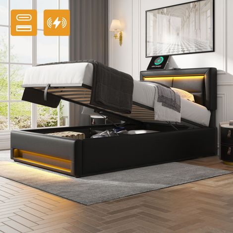 Recharge facile et rangement intégré, lit rembourré 90 x 200 cm avec LED et USB, revêtement PU noir (1/5)
