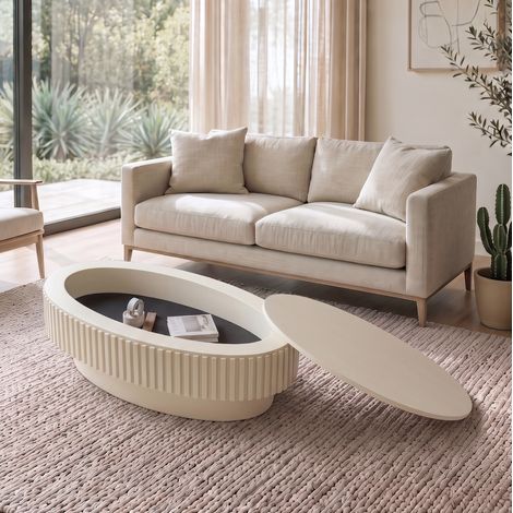 Mesa de centro ovalada (98 cm), con almacenamiento oculto, diseño acanalado, MDF y chapa de madera maciza, crema (1/5)