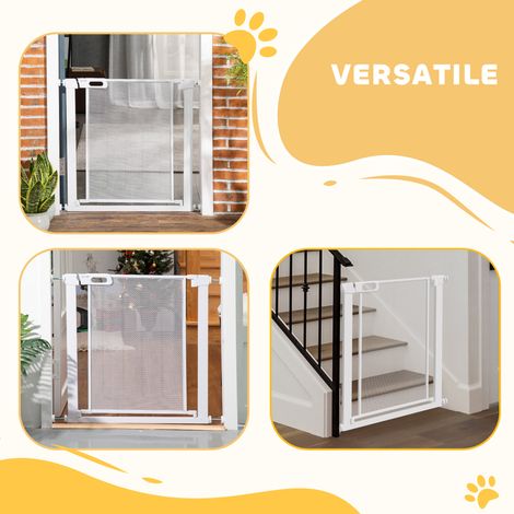 Barrière pour Chien Automatique Ajustable 75-82x76 cm, Blanche, Acier et ABS, Portillon Réglable pour Animaux (1/5)