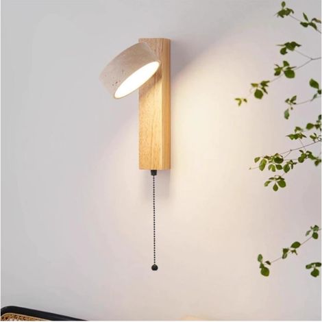 Lampe murale japonaise en bois orientable – Lumière en pierre naturelle jaune vintage en travertin de 180°, avec cordon d’extraction pour la chambre/le balcon/la table de nuit (Couleur bois+Cordon [Cl (1/5)