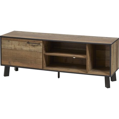 Meuble TV 1 porte aspect bois rustique poignées et pieds métal - CHIARA (1/5)