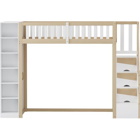 Letto a soppalco 90x200 cm con scaffali, armadio e scala contenitore, bianco e legno naturale (1/5)
