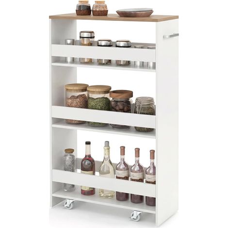 Chariot de Rangement Largeur 20 cm à roulettes, Desserte de Cuisine à 4 Niveaux, Poignée Latérale et Roues Universelles avec Freins (Blanc+Naturel) (1/5)