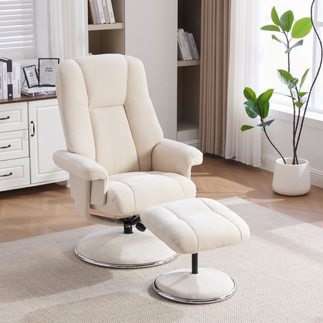 Fauteuil relaxant multifonctionnel pivotant avec repose-pieds – Tissu chenille – Socle entièrement métallique recouvert de tissu – Beige – Pour salon, chambre ou espace détente