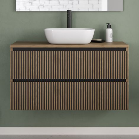 Meuble de salle de bain 100cm avec plateau et vasque à poser arrondie - 2 tiroirs - sans miroir - noyer (bois foncé) - VENERIA
