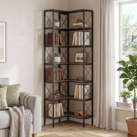 Eckregal mit 6 Ablagen, Metall-Aufbewahrungssystem für Wohnzimmer, Schlafzimmer, Büro, 60 x 60 x 200 cm, rustikales Braun