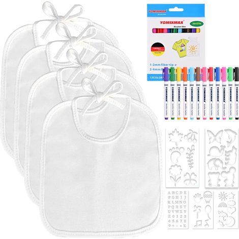 Baberos blancos para bebé de 12 piezas para pintar, 12 marcadores para tela y 5 plantillas para pintar, baberos impermeables que absorben la baba, ideales para decorar y pintar. (1/5)