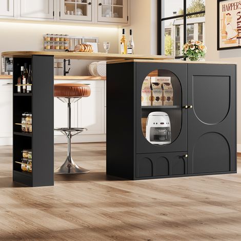 Îlot de Cuisine avec Table Bar Rotative 360°, Meuble Mange-Debout, Rangement 3 Portes, Étagère Amovible, MDF et Métal (1/5)