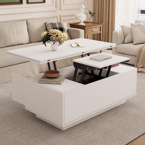 Table basse - GUTENT - Modèle avec double mécanisme de levage - Blanc - Espace de rangement - 50 kg de charge (1/5)
