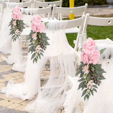 Fleur Artificielle pour Dos de Chaise - Rose Fausse avec Feuilles et Ruban en Chiffon - Décoration de Cérémonie de Mariage Église Allée - 1 Pièce (1/5)