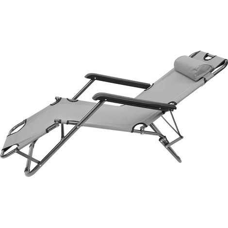 TRADE SHOP - Sedia A Sdraio Lettino Pieghevole Reclinabile In Metallo Con Poggiatesta Grigio 017055 -