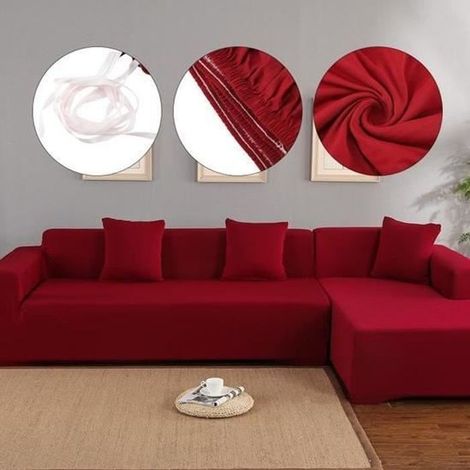 Housse de canapé de protection 3 +2 places en L d\'angle en polyester pour meubles de maison douce luxueuse - vin rouge (1/4)