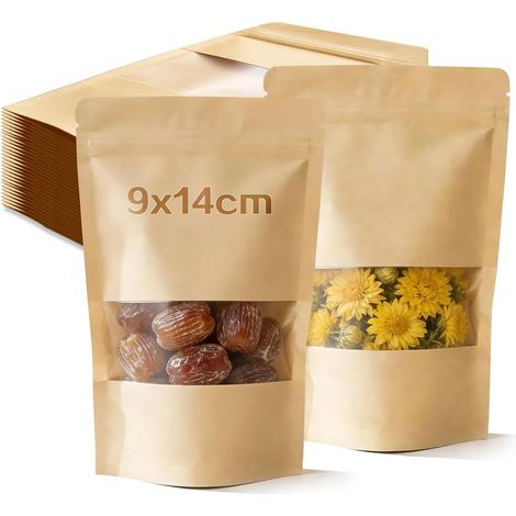 Sachet Kraft Alimentaire, Sachet Kraft Fenetre 9x14 cm Emballage Pochette Sac Papier Alimentaire Refermables pour Noix Snacks Bonbons Grains de Café (1/5)