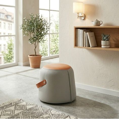 Pouf moderno con maniglia in PU, seduta imbottita, design compatto, grigio e arancione (1/5)