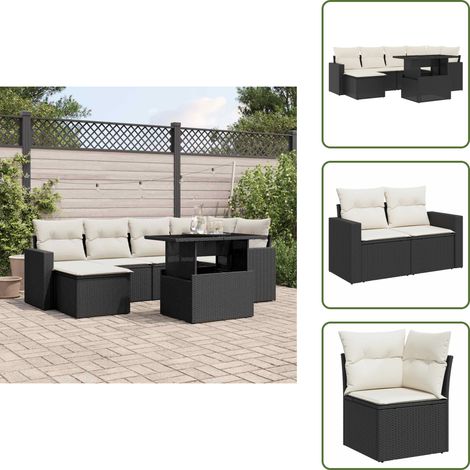 The Living Store Salon de jardin 7 pcs avec coussins noir résine tressée - Ensemble Salon De Jardin - Meuble Extérieur - Jardin Design - Mobilier De Jardin - Chaise Longue (1/5)