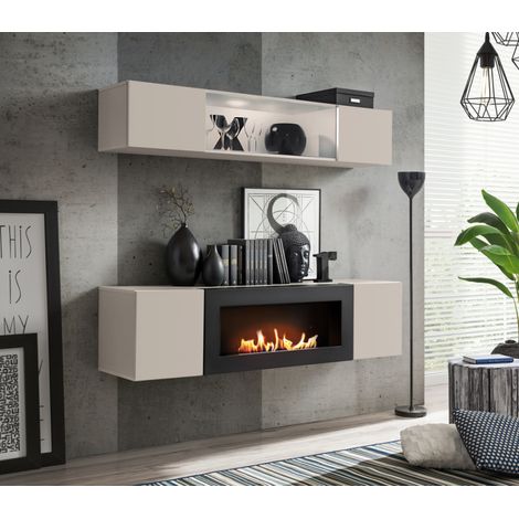Ensemble meuble TV mural Fly N3 avec cheminée bioéthanol, vitrine et éclairage LED - Bois MDF cachemire - 160 x 150 x 40 cm - Livraison gratuite (1/3)