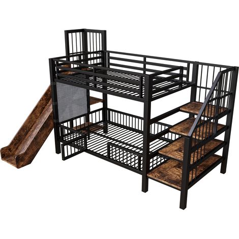 Lit mezzanine métallique pour enfants avec toboggan et escalier de rangement 90200CM, structure de lit superposé avec porte à barrière de sécurité, étagères intégrées, lit enfant gain de place pour ch