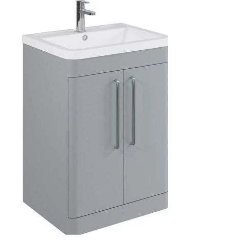 Balterley Calwich Contemporary Bathroom Floor Standing Vanity Unit with 2 Soft Close Doors & 1 Tap Hole Polymarble Basin, Satin Grey 600mm