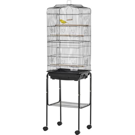 Jaula para Pájaros Metálica con Soporte Ruedas Bandeja Extraíble Estante 46,5x36x157 cm Negro (1/5)