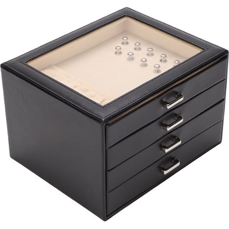 Boîte à bijoux à 4 niveaux, grande capacité, en cuir PU avec tiroirs, pour colliers et boucles d'oreilles, noire. (1/5)