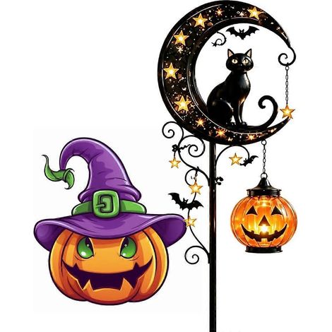 Lampe solaire Halloween chat noir lune citrouille à piquer jardin, chaudron sorcière lanterne décor extérieur (1/5)