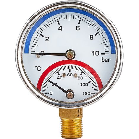 2 in 1 0 Bar Manometer und Thermometer – Duale Anzeige von Temperatur und Druck – für Fußbodenheizungssysteme mit Gewindeanschluss (G1/2)