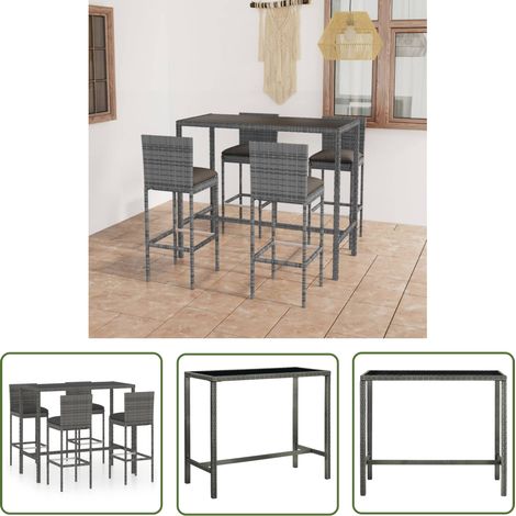 The Living Store Ensemble de bar de jardin 5 pcs et coussins Résine tressée Gris - Salon De Jardin - Mobilier De Jardin - Ensemble De Bar - Set De Bar Extérieur - Table Basse Extérieure (1/5)
