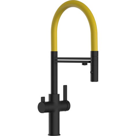 Rubinetto 3 vie miscelatore cucina Nero Opaco con canale separato per acqua filtrata, canna gialla movibile e doccia due getti staccabile - Serie FC (1/5)