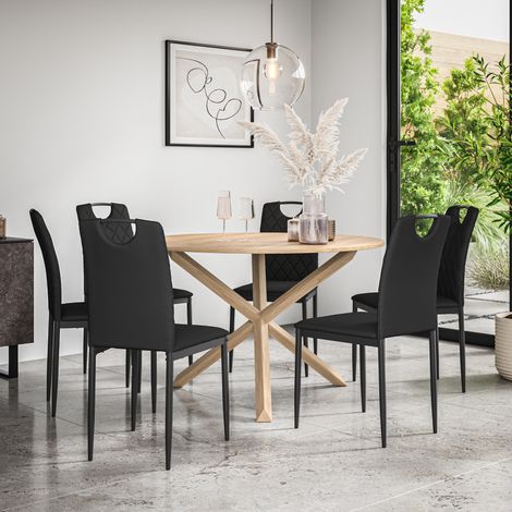 Malvern Round Dining Table And Chairs - Oak Table Top w Solid Oak Legs + Monza Faux Leather Dining Chair Set Of 6 (Black) (1/5)