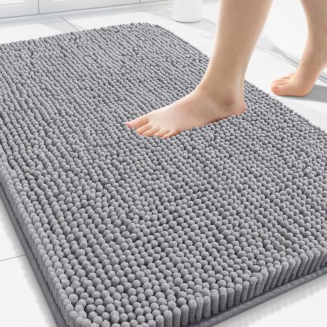 Tapis De Salle De Bain - Chenille Shaggy Absorbant - Dos En Caoutchouc Anti-Dérapant - Lavable En Machine - 50 X 80 Cm - Gris (1/5)