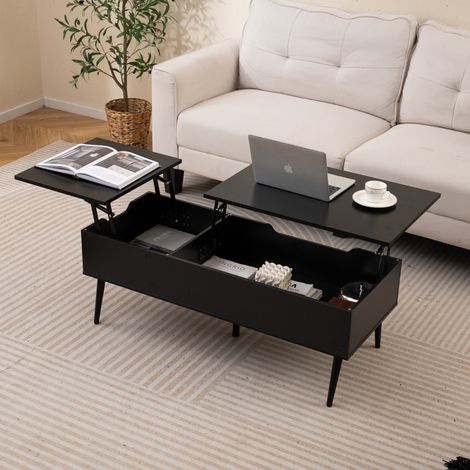 Table Basse Relevable avec 2 Compartiments de Rangement Dissimulés, Pieds en Métal pour Salon, Bureau, 111 x 48 x 40-53,5 cm, Noir