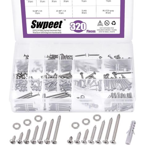 320 Pieces Drywall Quick Self Tapping Screws 304 Stainless Steel with Flat Washers and Drywall Dowels (1/5)