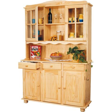 Pegane – Bahut vaisselier en pin massif vernis naturel 130 x 198 cm – 3 portes et 3 tiroirs – Design authentique TOSCANA (1/2)