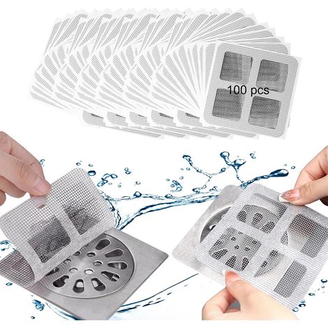 100 Pcs Autocollants Jetables pour Canalisations de Douche, Protection de Drain Filtre Evier, Attrape-Cheveux, Filtre Cheveux Autocollants en Maille, pour Salle de Bain, Baignoire, Cuisine (1/5)