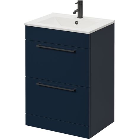 Napoli 460 Deep Blue 600mm 2 Drawer Vanity Unit with Angel Basin - 600mm - Matt Black 320mm Handle