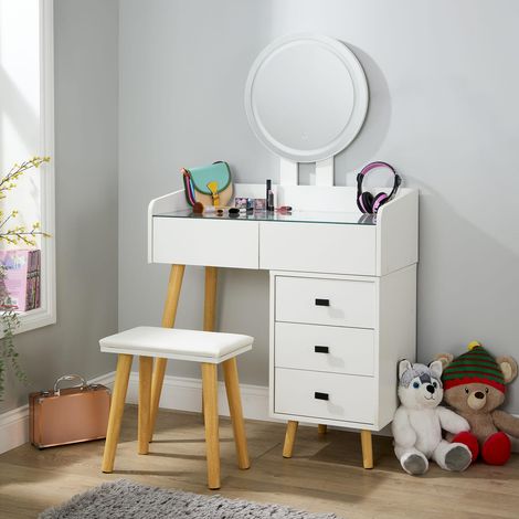 5 Drawer Dressing Table Vanity Desk Integrated Lighting Mirror Cushioned Stool