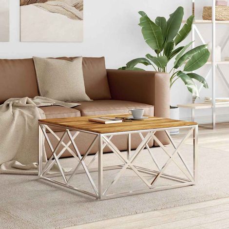 vidaXL Table basse argenté acier inoxydable et bois massif d'acacia (1/5)