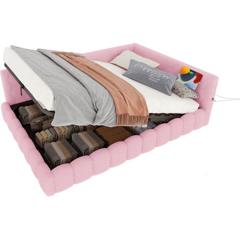 Cama para adulto con almacenaje 140 x 200 cm, LED, USB, tipo C, hidráulica, sofá cama, sin colchón, terciopelo imitación lana, rosa (1/5)