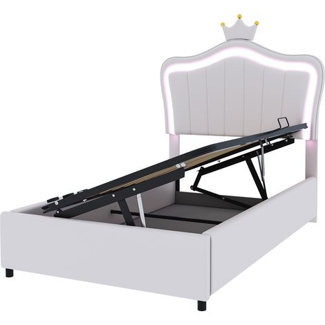 Lit simple enfant capitonné LED pilotable, tête de lit coquillage et couronne, rangement hydraulique, simili cuir blanc et rose, 90x200 cm, charge 200 kg, design féerique (1/5)