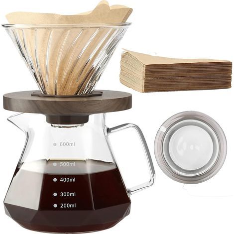 Verser Over Cafetière, Carafe en Verre Borosilicaté de 600 ml avec Filtre en Papier Taille 02 100 Feuilles, Poignée en Noyer et Couvercle de Cafetière, transparent (1/5)